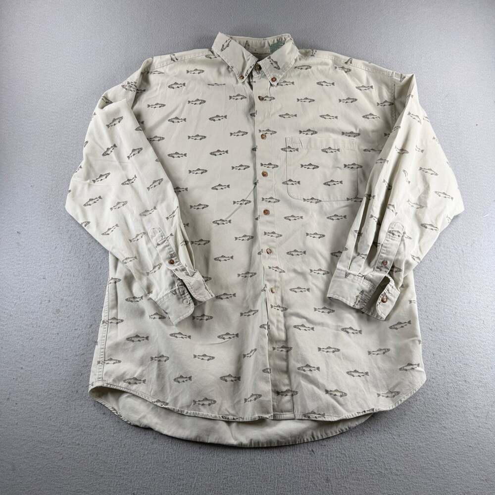The Nature Company Wilderness Shirt Mens XL Beige Fish Print Cotton Button Down
